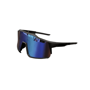 Óculos de sol Pump modelo ciclismo em ângulo traseiro na cor azul com detalhe roxo, disponível em: ethosloja.com.br