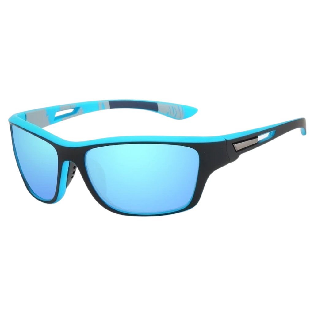 Óculos de sol Action PRO modelo esportivo em ângulo lateral na cor azul, disponível em: ethosloja.com.br