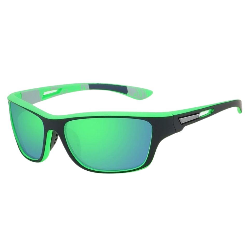 Óculos de sol Action PRO modelo esportivo em ângulo lateral na cor verde, disponível em: ethosloja.com.br