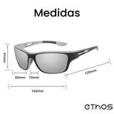 Óculos de sol Action PRO modelo esportivo, imagem ilustrativa contendo as medidas do óculos, disponível em: ethosloja.com.br