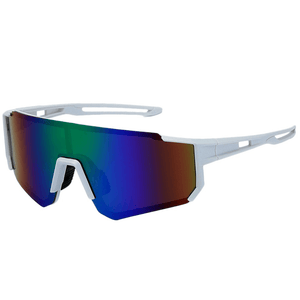 Óculos de sol Air modelo ciclismo em ângulo lateral na cor branco com azul, disponível em: ethosloja.com.br