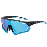 Óculos de sol Challenge modelo ciclismo em ângulo lateral na cor azul, disponível em: ethosloja.com.br