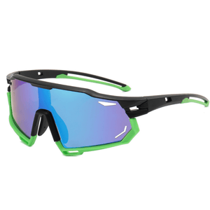 Óculos de sol Challenge modelo ciclismo em ângulo lateral na cor verde, disponível em: ethosloja.com.br