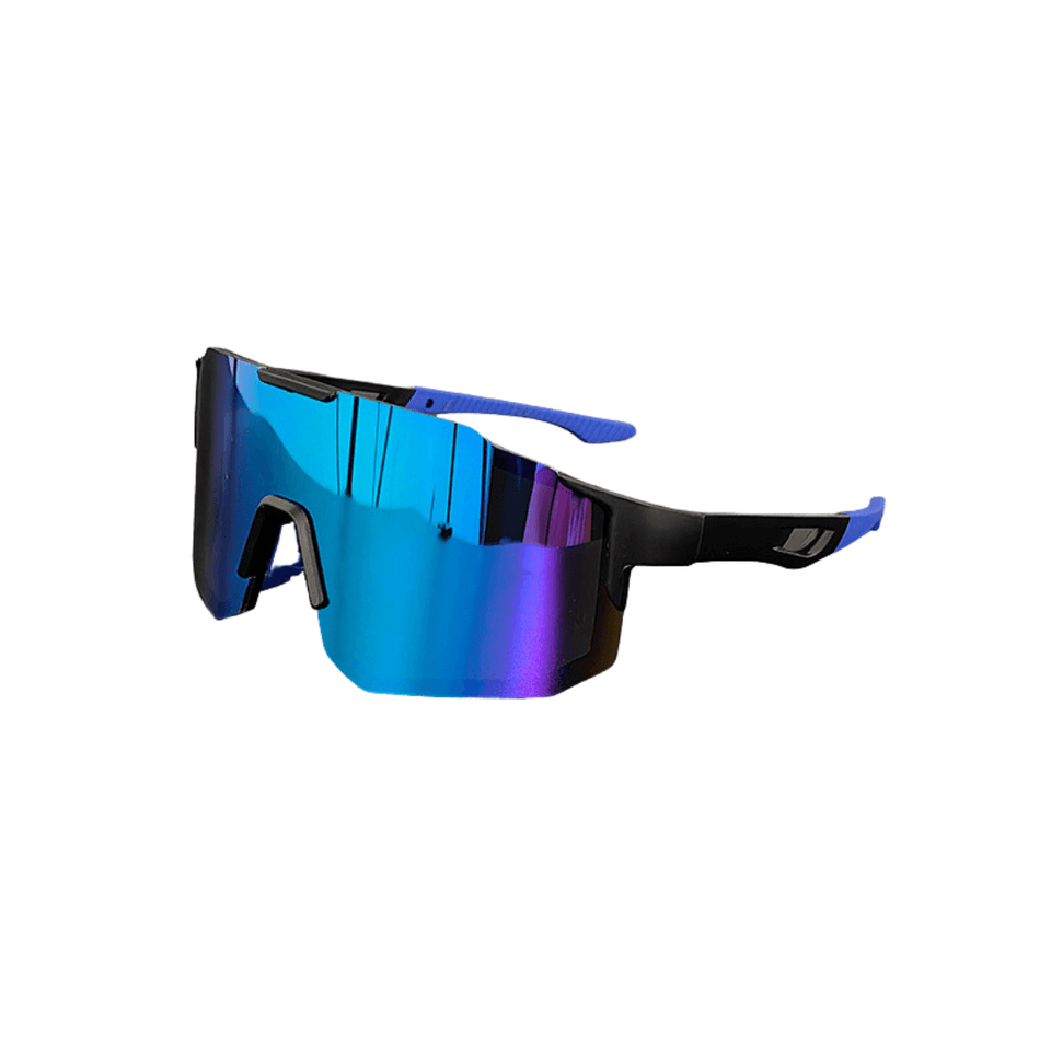 Óculos de sol Cross modelo ciclismo em ângulo lateral na cor preto com azul, disponível em: ethosloja.com.br