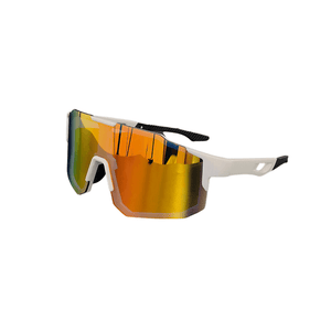 Óculos de sol Cross modelo ciclismo em ângulo lateral na cor branco com laranja, disponível em: ethosloja.com.br
