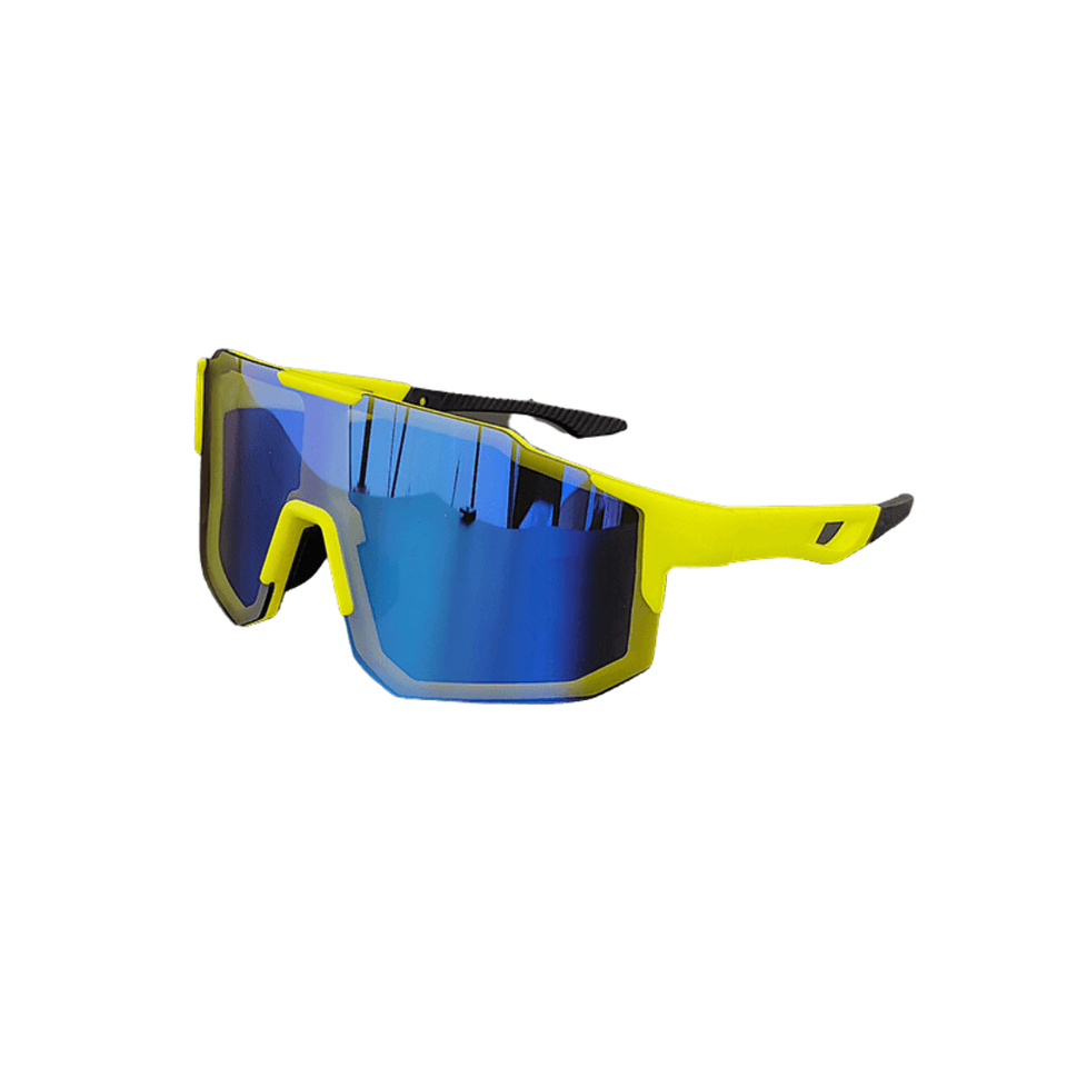 Óculos de sol Cross modelo ciclismo em ângulo lateral na cor amarelo com azul, disponível em: ethosloja.com.br