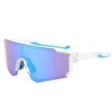 Óculos de sol Expedition modelo ciclismo em ângulo lateral na cor branco com azul, disponível em: ethosloja.com.br
