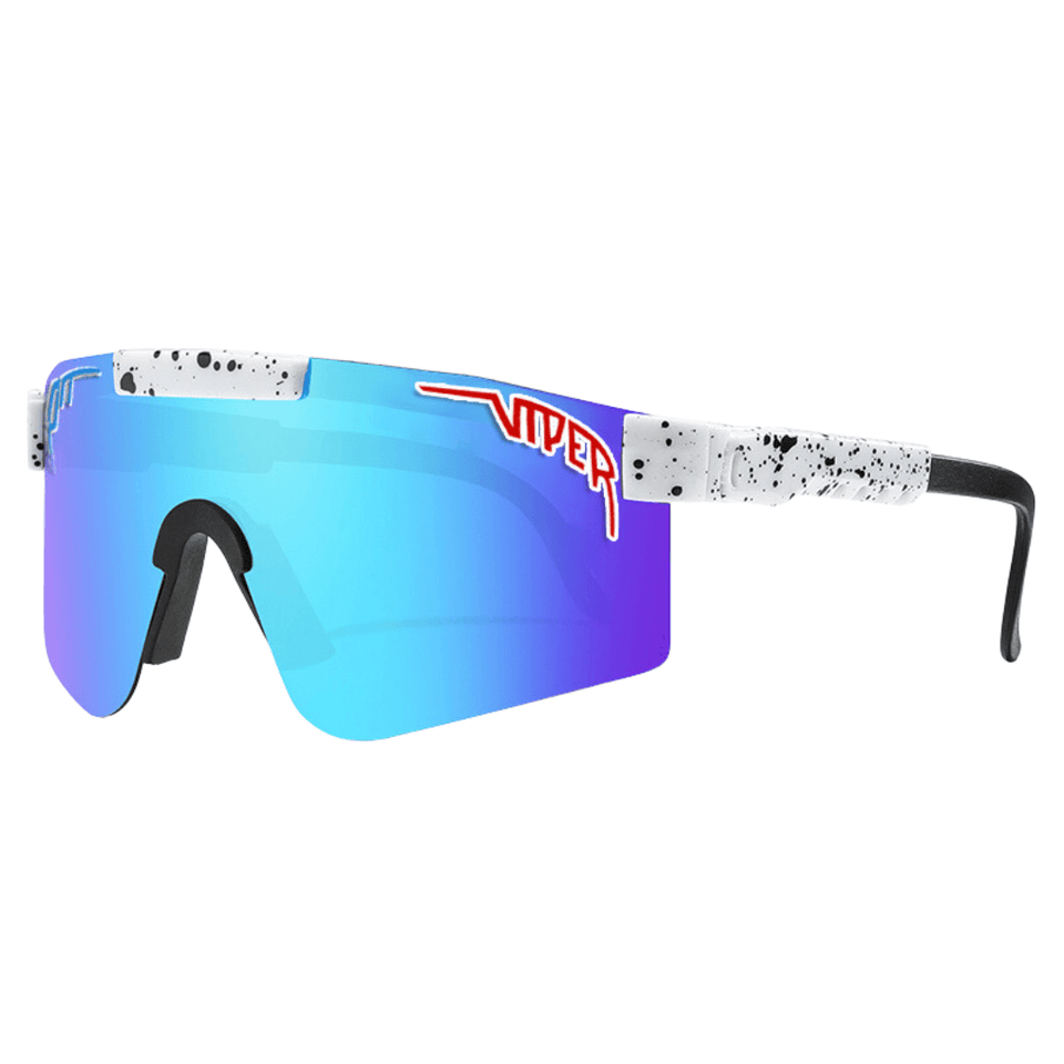 Óculos de sol Extreme modelo ciclismo em ângulo lateral na cor branco com azul, disponível em: ethosloja.com.br