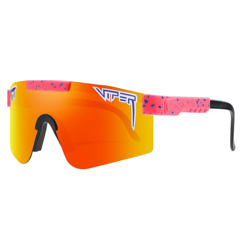 Óculos de sol Extreme modelo ciclismo em ângulo lateral na cor rosa com laranja, disponível em: ethosloja.com.br