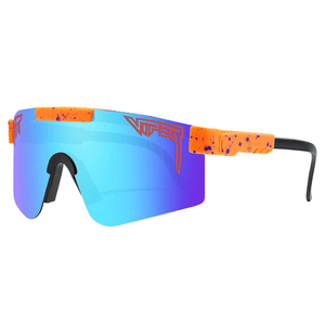 Óculos de sol Extreme modelo ciclismo em ângulo lateral na cor laranja com azul, disponível em: ethosloja.com.br