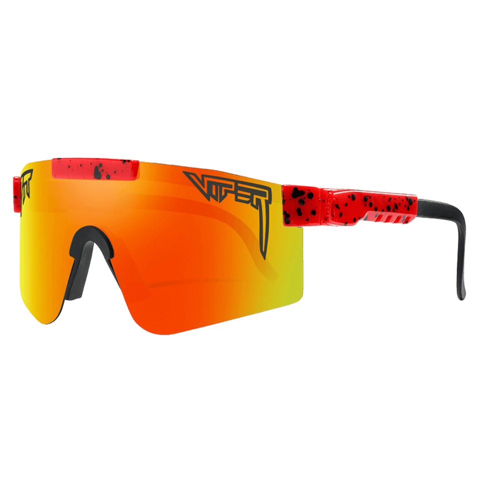 Óculos de sol Extreme modelo ciclismo em ângulo lateral na cor vermelho com laranja, disponível em: ethosloja.com.br