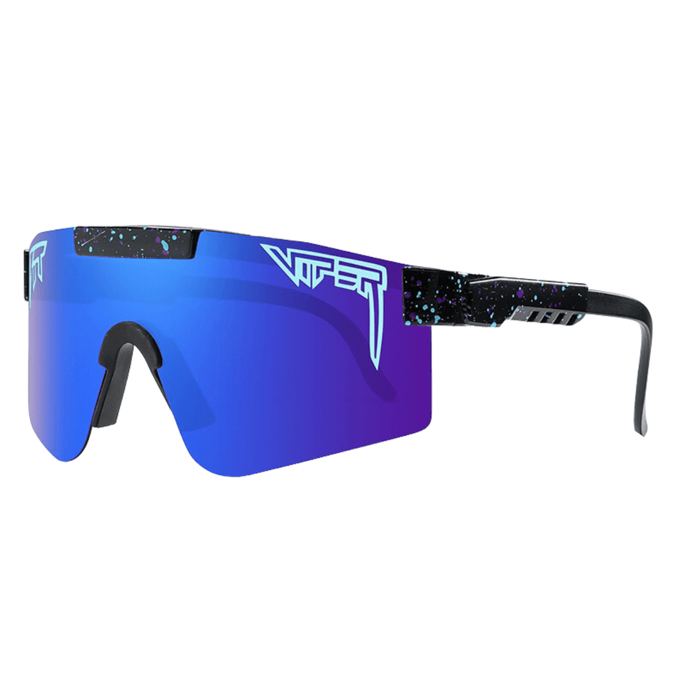 Óculos de sol Extreme modelo ciclismo em ângulo lateral na cor preto com azul, disponível em: ethosloja.com.br