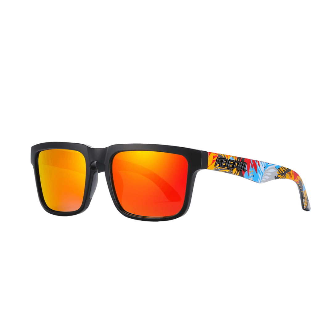 Óculos de sol Galaxy modelo dia a dia em ângulo lateral na cor preto com laranja floral, disponível em: ethosloja.com.br