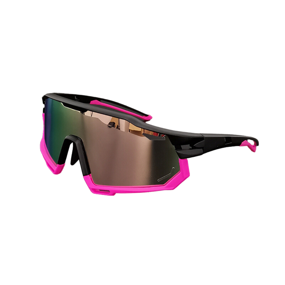 Óculos de sol Gear modelo ciclismo em ângulo lateral na cor preto com rosa, disponível em: ethosloja.com.br