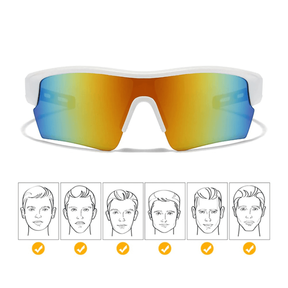 Óculos de sol Heavy modelo ciclismo em ângulo frontal na cor branco com imagens dos formatos dos rostos, disponível em: ethosloja.com.br