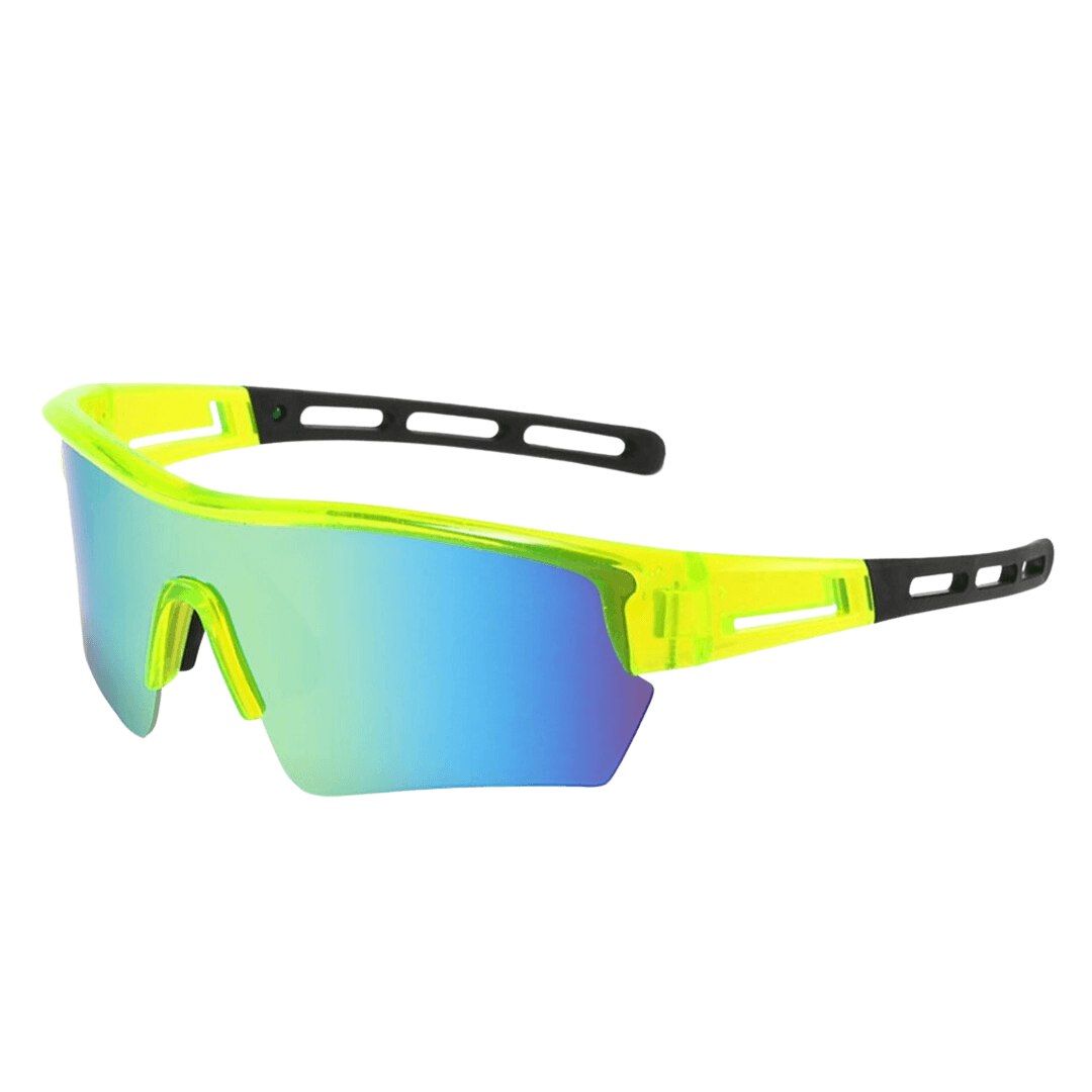 Óculos de sol Heavy modelo ciclismo em ângulo lateral na cor verde limão, disponível em: ethosloja.com.br