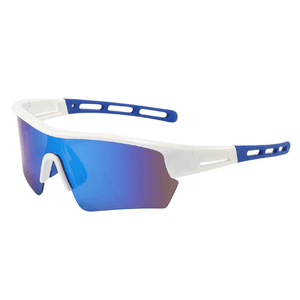 Óculos de sol Heavy modelo ciclismo em ângulo lateral na cor branco com azul, disponível em: ethosloja.com.br