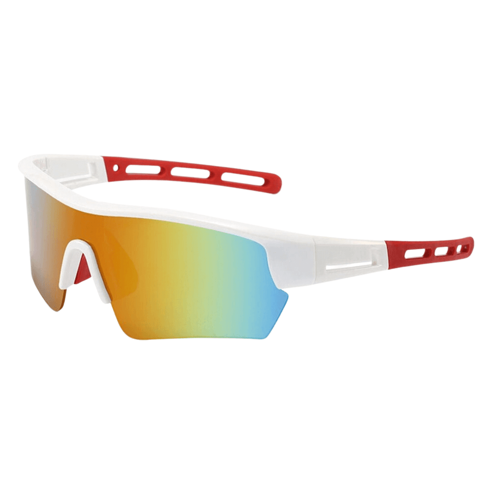 Óculos de sol Heavy modelo ciclismo em ângulo lateral na cor branco com vermelho, disponível em: ethosloja.com.br