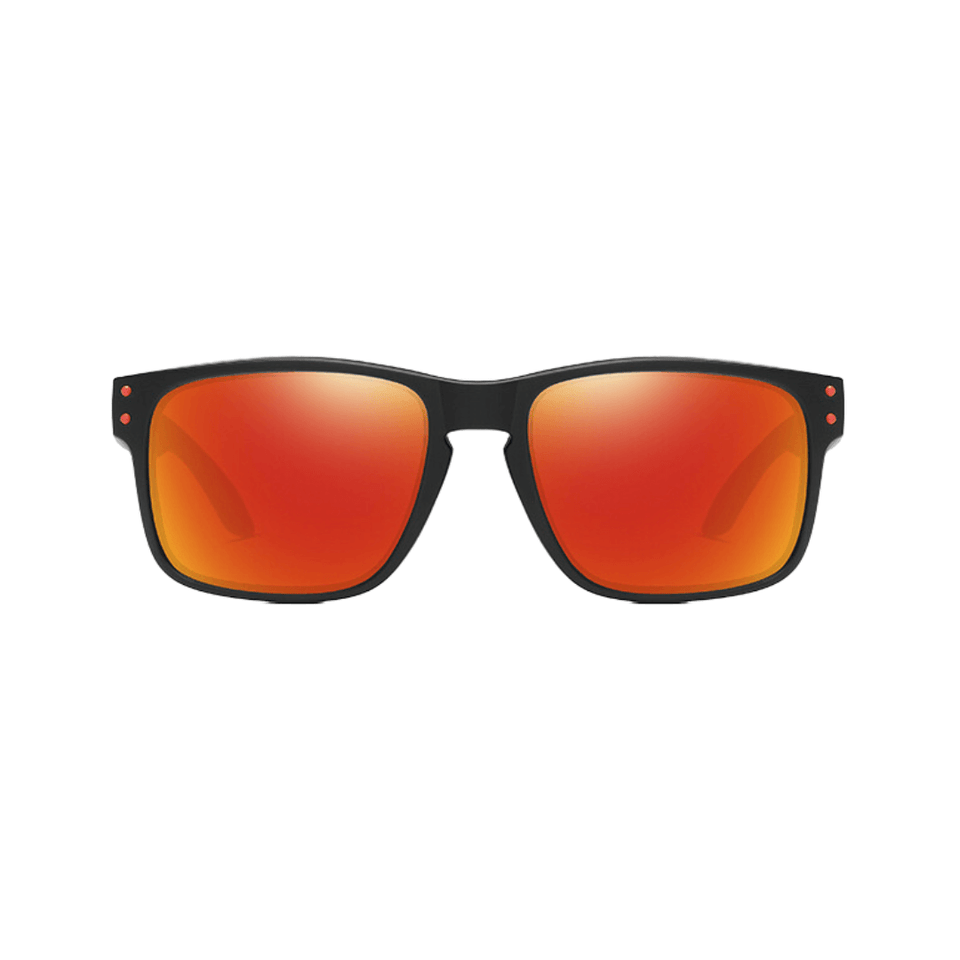 Óculos de sol Hoddie modelo dia a dia em ângulo frontal na cor vermelho, disponível em: ethosloja.com.br