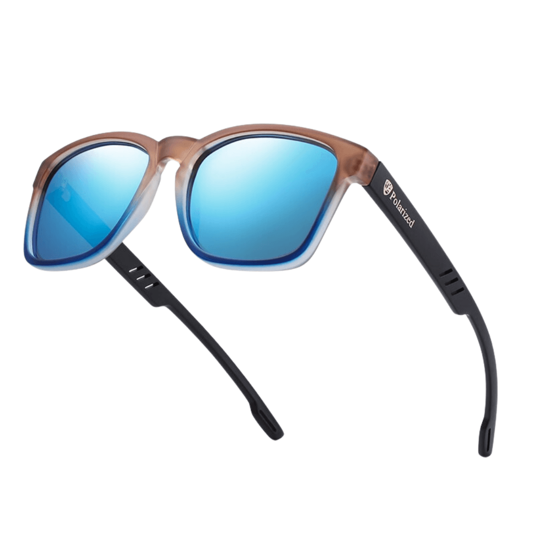 Óculos de sol Hu Wood modelo dia a dia em ângulo diagonal na cor azul, disponível em: ethosloja.com.br