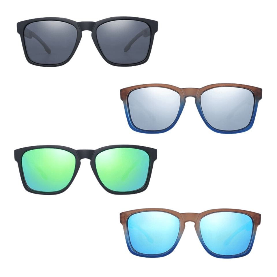 Óculos de sol Hu Wood modelo dia a dia em ângulo frontal nas cores azul, prata, verde e preto disponível em: ethosloja.com.br
