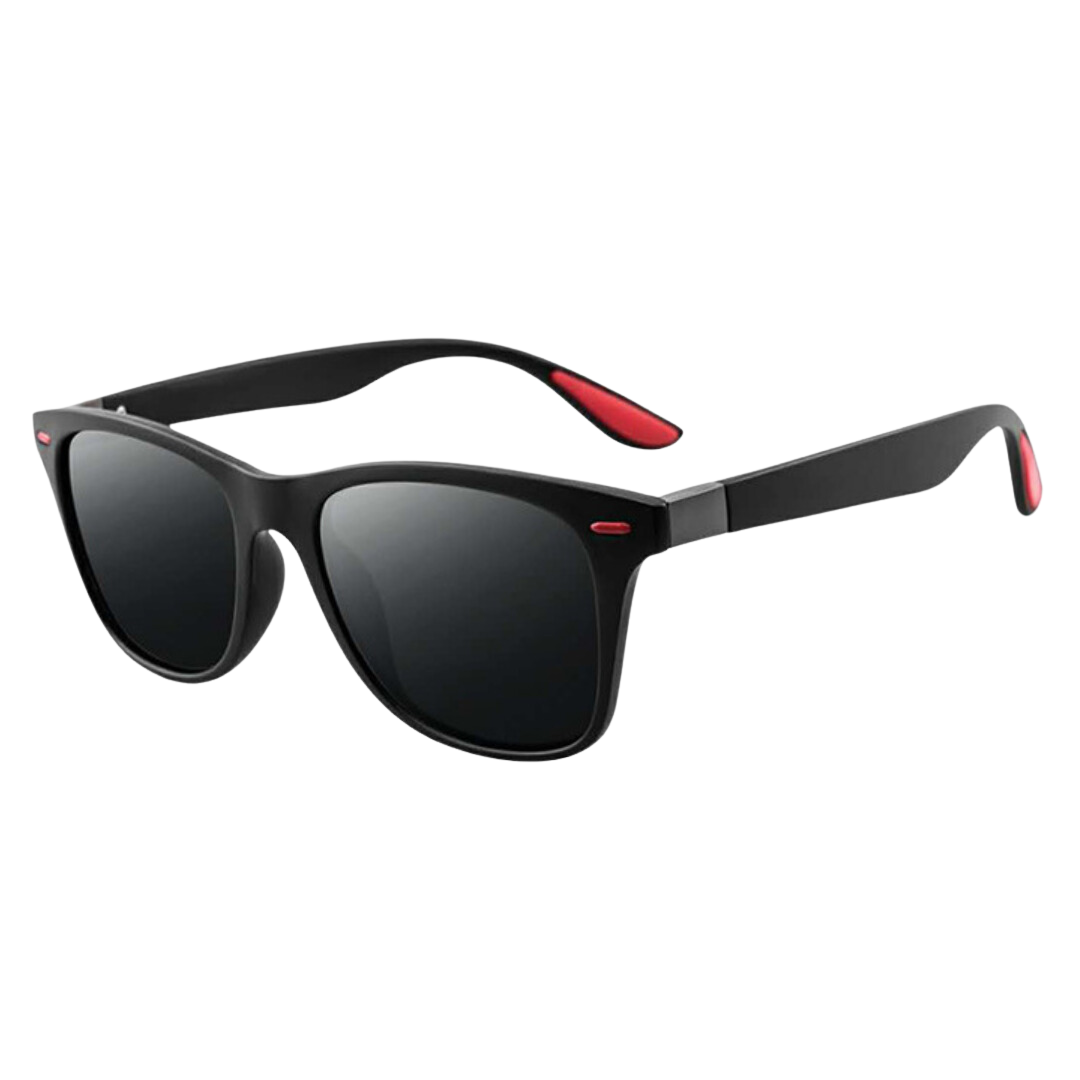 Óculos de sol Life modelo dia a dia em ângulo lateral na cor preto com vermelho, disponível em: ethosloja.com.br