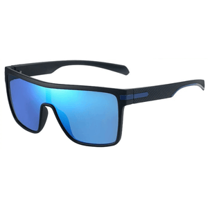 Óculos de sol Monte modelo dia a dia em ângulo lateral na cor preto com azul, disponível em: ethosloja.com.br