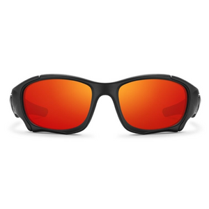 Óculos de sol Pro modelo esportivo em ângulo frontal na cor preto com lente vermelha, disponível em: ethosloja.com.br