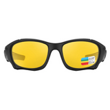Óculos de sol Pro modelo esportivo em ângulo frontal na cor preto com lente amarela, disponível em: ethosloja.com.br