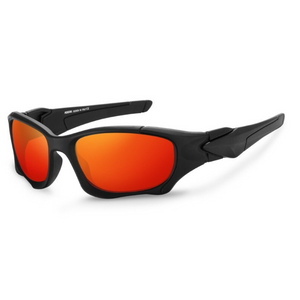 Óculos de sol Pro modelo esportivo em ângulo lateral na cor preto com lente vermelha, disponível em: ethosloja.com.br