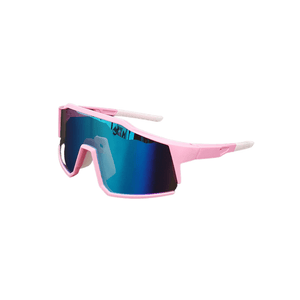 Óculos de sol Pump modelo ciclismo em ângulo lateral na cor rosa com lente azul, disponível em: ethosloja.com.br