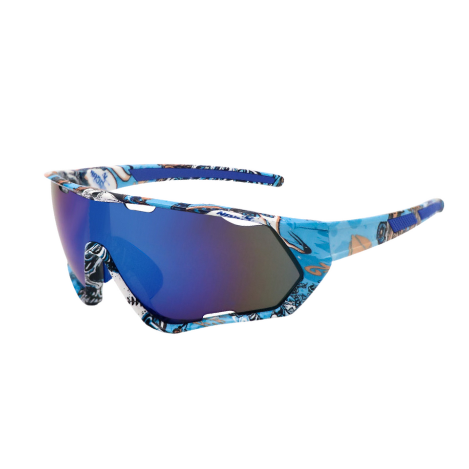 Óculos de sol Riding modelo ciclismo em ângulo lateral na cor azul com estampa, disponível em: ethosloja.com.br