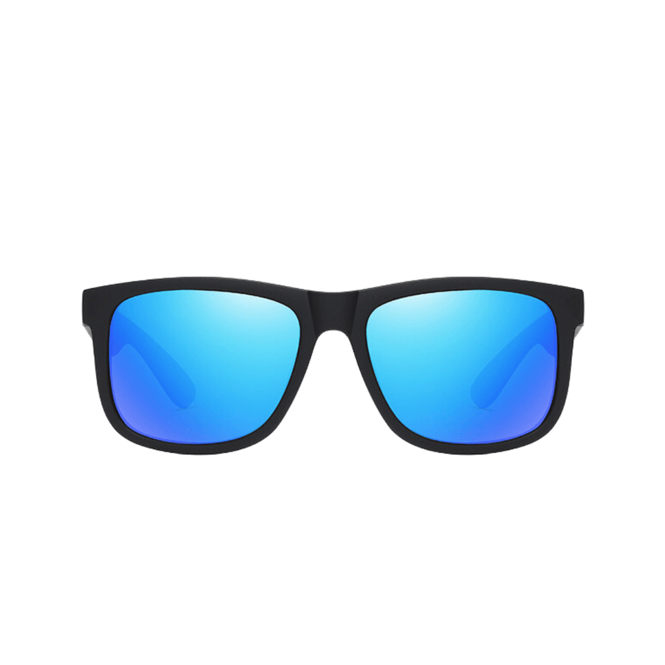 Óculos de sol Shades modelo dia a dia em ângulo frontal na cor preto com azul, disponível em: ethosloja.com.br