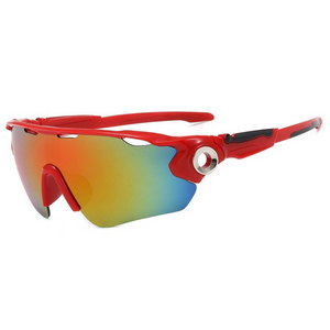Óculos de sol Stamina modelo ciclismo em ângulo lateral na cor vermelho com lente colorida, disponível em: ethosloja.com.br