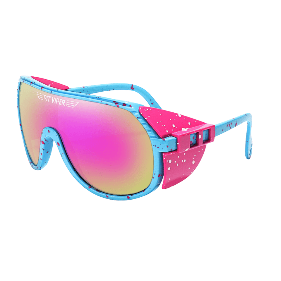 Óculos de sol Style modelo ciclismo em ângulo lateral na cor rosa com azul, disponível em: ethosloja.com.br