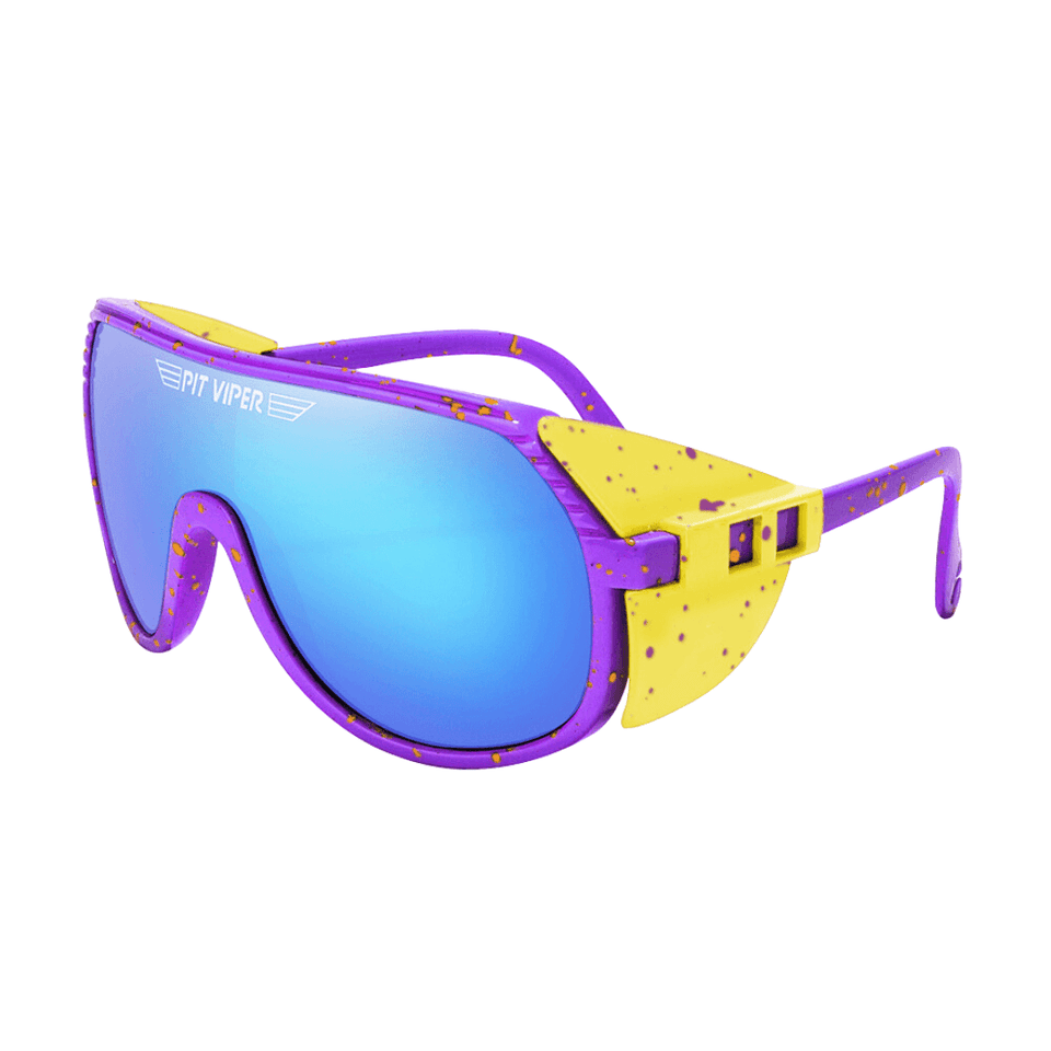 Óculos de sol Style modelo ciclismo em ângulo lateral na cor roxo com amarelo, disponível em: ethosloja.com.br