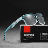 Óculos de sol Tiger modelo dia a dia em ângulo diagonal em cima da embalagem na cor  azul com prata, disponível em: ethosloja.com.br