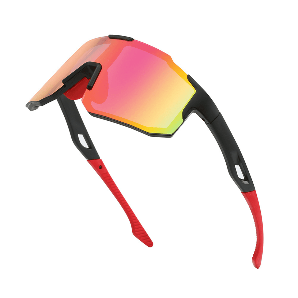 Óculos de sol Windproof modelo ciclismo em ângulo diagonal na cor vermelho, disponível em: ethosloja.com.br