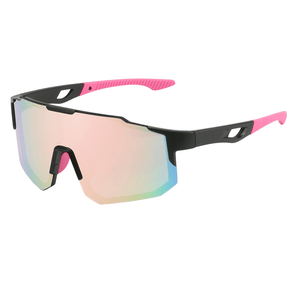 Óculos de sol Windproof modelo ciclismo em ângulo lateral na cor rosa, disponível em: ethosloja.com.br