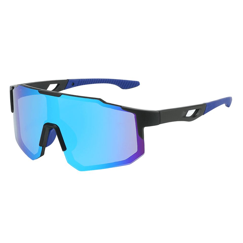 Óculos de sol Windproof modelo ciclismo em ângulo lateral na cor azul, disponível em: ethosloja.com.br