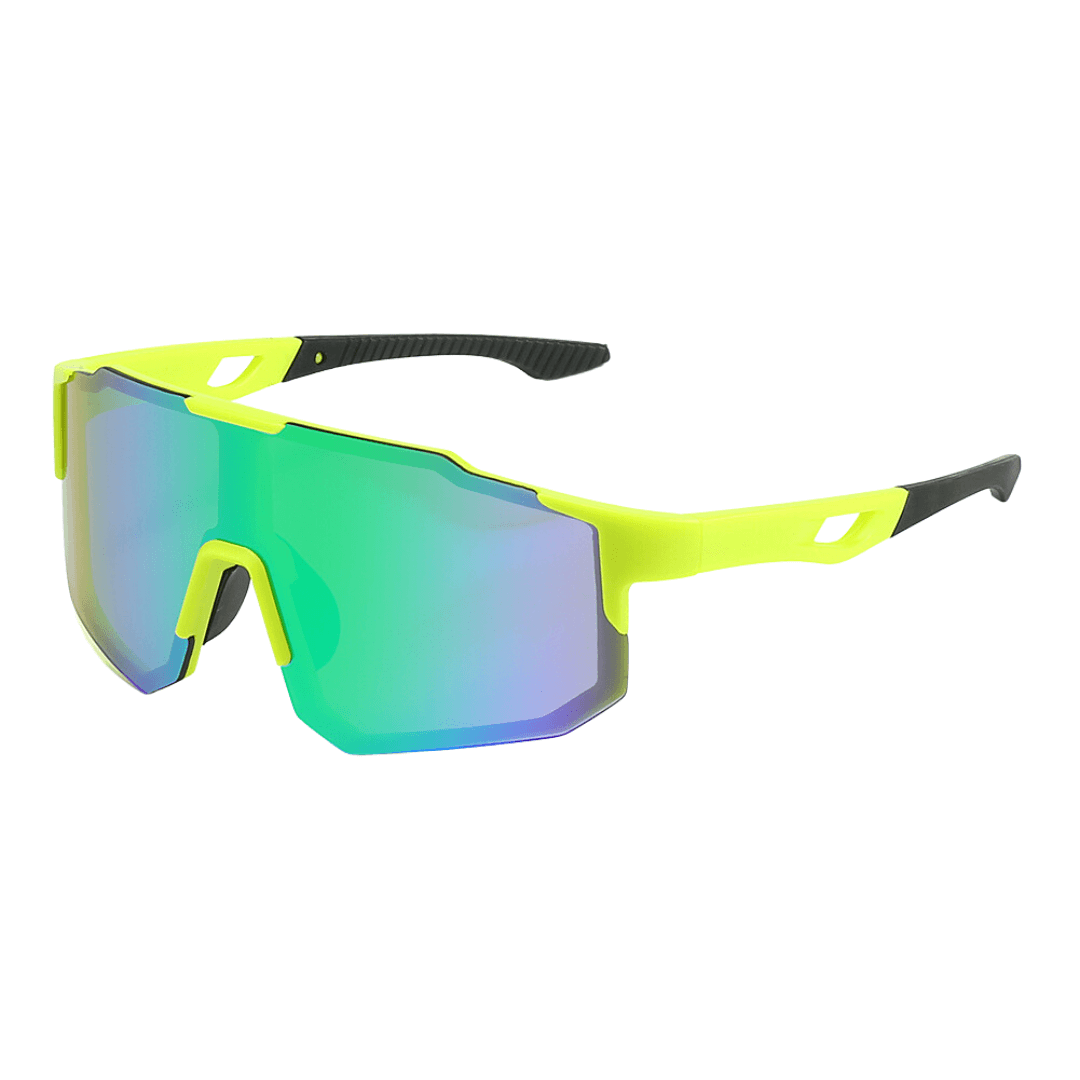 Óculos de sol Windproof modelo ciclismo em ângulo lateral na cor vede limão, disponível em: ethosloja.com.br